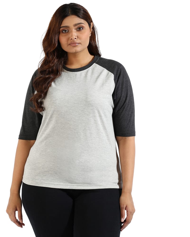 Front of a model wearing a size 4XL Women Halter Neck Quarter Sleeve Top in Light Grey by Instafab Plus. | dia_product_style_image_id:294278